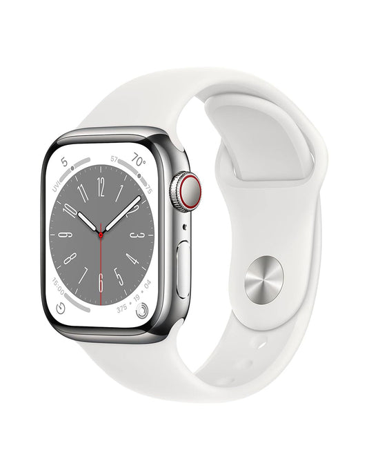Apple Watch Series 8 41MM GPS + Cellular Stainless Steel With White Sport Band - Silver