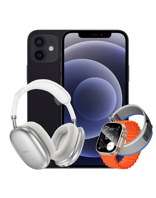 Apple iPhone 12 64GB 5G - Black (Good-Refurbished) + Bluetooth Headset (W55) + Smart Watch (Y42 Ultra) 2 Straps (Bundle Deal)