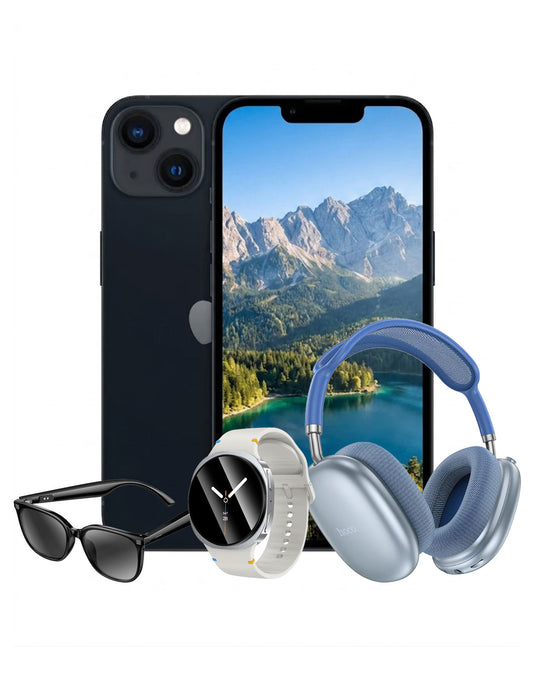 Apple iPhone 13 128GB 5G - Midnight (Good-Refurbished) + Bluetooth Headset (W55) + Smart Watch (Y43) + Sunglasses (DI87 Max) (Bundle Deal)