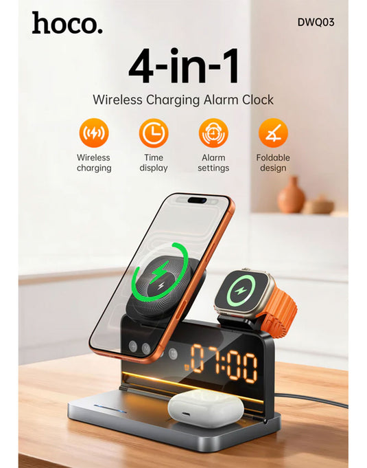 Hoco 15W 4-in-1 Magnetic Wireless Fast Charger, With Alarm Clock, Ambient Lighting, Compact Foldable Design (DWQ03)