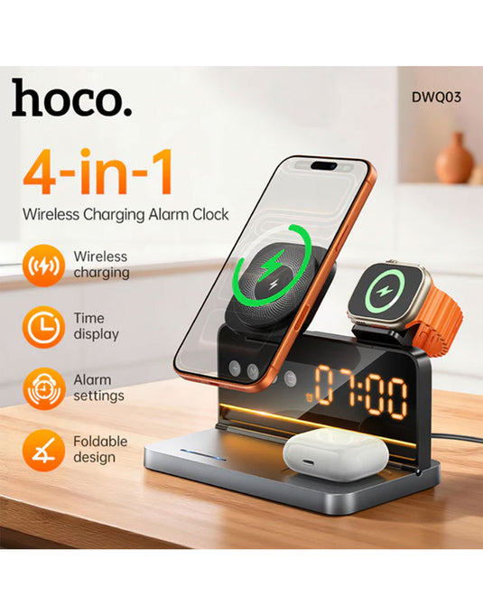 Hoco 15W 4-in-1 Magnetic Wireless Fast Charger, With Alarm Clock, Ambient Lighting, Compact Foldable Design (DWQ03)