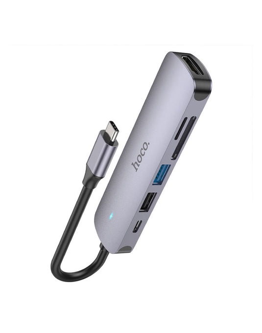 Hoco 6 in 1 Multi Function Hub - HDMI, Card Reader, USB-C,USB-A 2.0/3.0 (HB28) - Silver