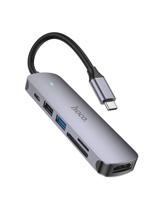 Hoco 6 in 1 Multi Function Hub - HDMI, Card Reader, USB-C,USB-A 2.0/3.0 (HB28) - Silver
