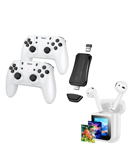 Hoco TV / PC Game Stick With 2x Wireless Controller, 20000 Classic Games Included (GA31) - White (Brand New) + TWS Bluetooth Earbud (EW80) (Bundle Deal)