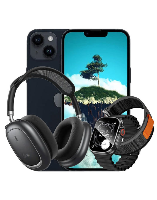 Apple iPhone 14 Plus 128GB 5G - Midnight (Good-Refurbished) + Smart Watch (Y42 Ultra) 2 Straps + Bluetooth Headset (W68) (Bundle Deal)