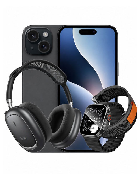 Apple iPhone 15 128GB 5G - Black (Good-Refurbished) + Smart Watch (Y42 Ultra) 2 Straps + Bluetooth Headset (W68) (Bundle Deal)