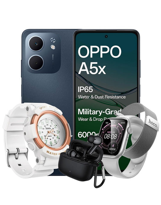 Oppo A5X 4GB 128GB 4G - Midnight Blue (Brand New) + Kids Quartz Watch (E112) + TWS Earbuds (EQ30) + Smart Watch (Y42) 2 Straps (Bundle Deal)