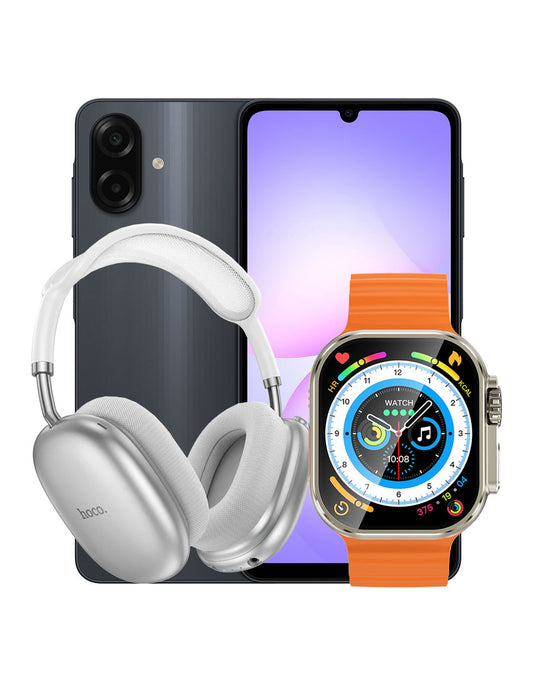 Samsung Galaxy A07 (2025) 4GB 64GB 4G Dual Sim - Black (Brand New) + Smart Watch (Y23 Ultra) + Bluetooth Headset (W55 Plus) (Bundle Deal)