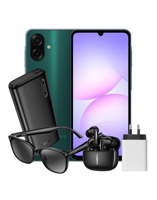 Samsung Galaxy A07 (2025) 4GB 64GB 4G Dual Sim - Green (Brand New) + Power Bank (J158A) + TWS Earbuds (EQ34 Plus) + Power Charger + Sunglasses (DI87 Max) (Bundle Deal)