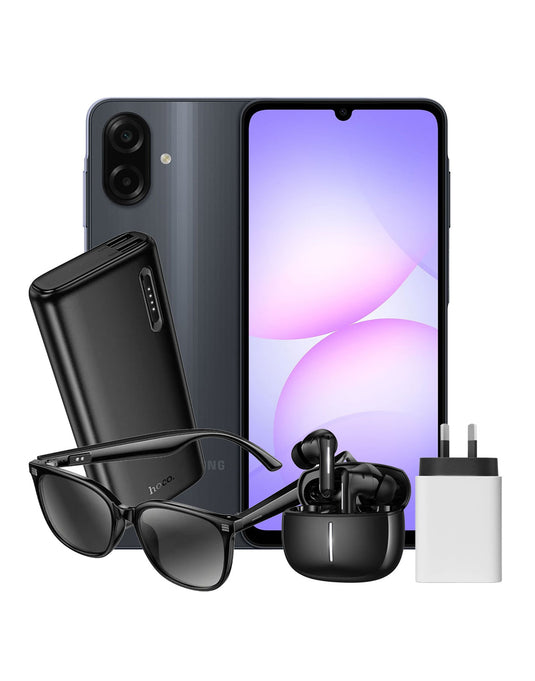 Samsung Galaxy A07 (2025) 4GB 64GB 4G Dual Sim - Black (Brand New) + Power Bank (J158A) + TWS Earbuds (EQ34 Plus) + Power Charger + Sunglasses (DI87 Max) (Bundle Deal)
