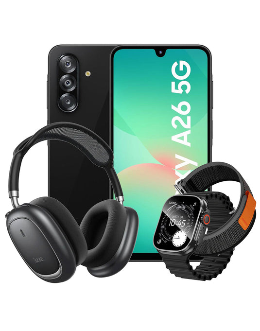 Samsung Galaxy A26 (2025) 6GB 128GB 5G Dual Sim Smart Phone - Black (Brand New) + Smart Watch (Y42 Ultra) 2 Straps + Bluetooth Headset (W68) (Bundle Deal)
