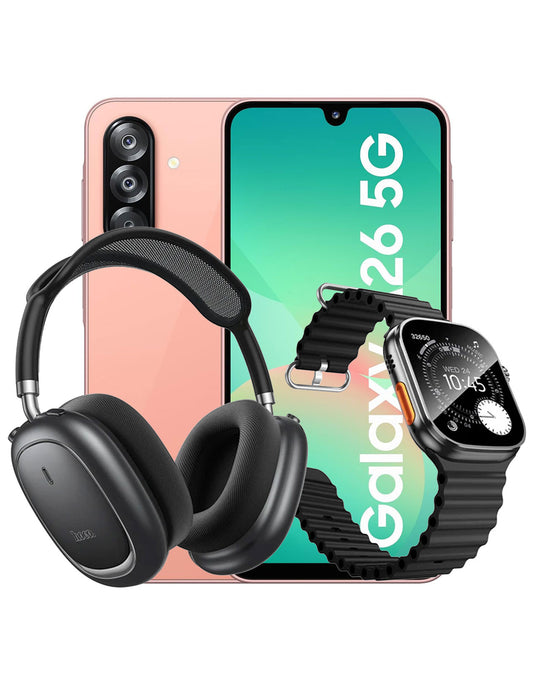 Samsung Galaxy A26 (2025) 8GB 256GB 5G Dual Sim Smart Phone - Peach Pink (Brand New) + Bluetooth Headset (W68) + Smart Watch (Y42 Ultra) (Bundle Deal)