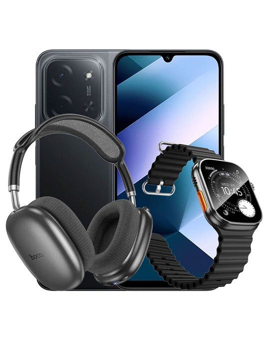 Xiaomi Poco C85 6GB 128GB 4G Dual Sim Smart Phone - Black (Brand New) + Bluetooth Headset W55 Plus + Smart Watch (Y42 Ultra) (Bundle Deal)