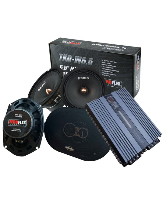 Zeroflex Midbox TKO-W6.5 Midbass 100W (Pair) & 6x9" 3-Way Coaxial Car Speaker 120W (Pair) + Zeroflex FLX-200.2 2 Channel Amplifier