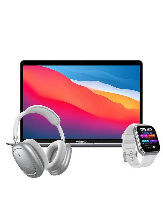 Apple Macbook Air (2020) 13.3-inch M1 Chip CPU-8 Cores/GPU 7-Cores 8GB 256GB - Space Grey (Good-Refurbished) + Smart Watch Y44 + Portable Bluetooth Speaker 001 (Bundle Deal)