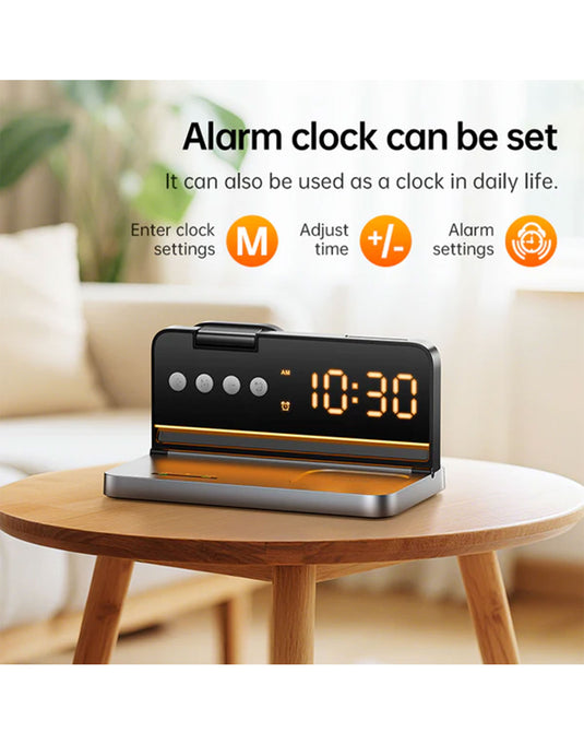 Hoco 15W 4-in-1 Magnetic Wireless Fast Charger, With Alarm Clock, Ambient Lighting, Compact Foldable Design (DWQ03)
