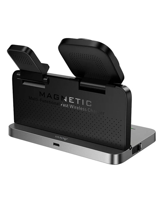 Hoco 15W 4-in-1 Magnetic Wireless Fast Charger, With Alarm Clock, Ambient Lighting, Compact Foldable Design (DWQ03)