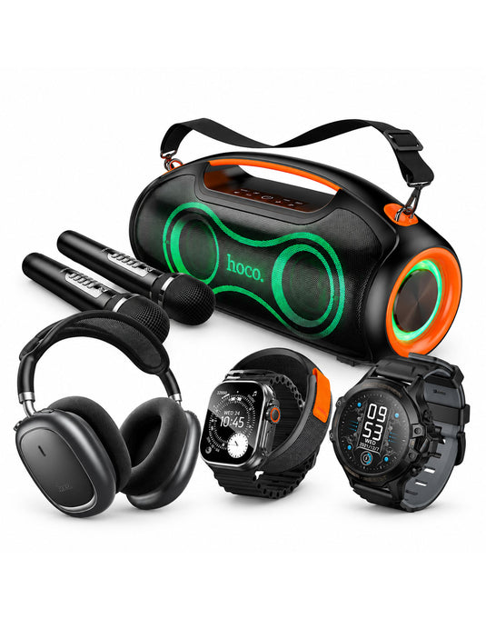 Hoco 4 Pack Bundle Of Bluetooth Speaker With 2 Mic (DS67) + Hoco W68 ANC Headset+ Hoco Smart Watch Y42 Ultra & Kids Smart Watch (Y107) (Bundle)