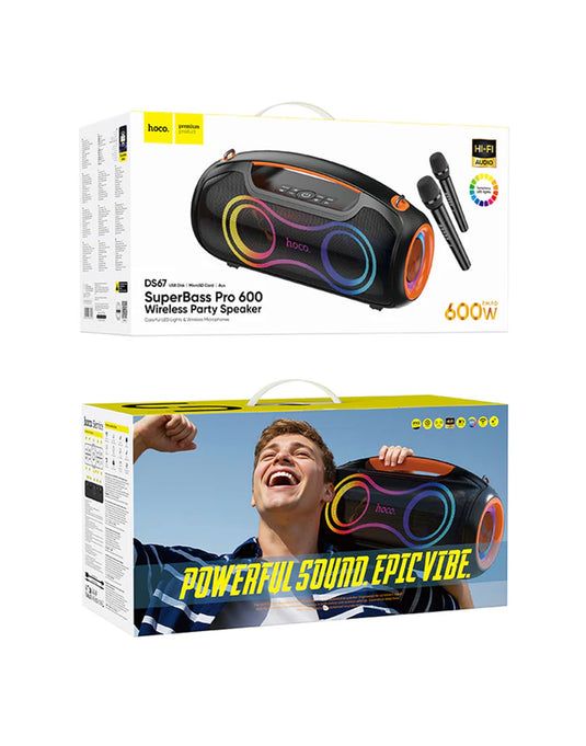 Hoco 600W Bluetooth Party Speaker RGB Lights + 2 Wireless Microphones - Black