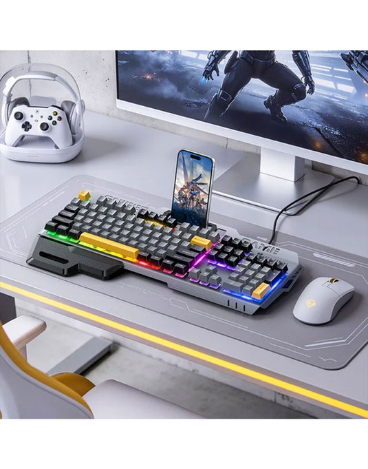 Hoco Ergonomic Wired Gaming Keyboard With RGB Rainbow Light, 6-Key Anti-Ghosting, Integrated Wrist Rest (GM702)