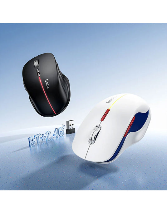 Hoco Ergonomic Wireless Mouse with Nano Receiver, LED Light, Dual Mode 2.4G + Bluetooth, Multi-Function Buttons (GM40) -White
