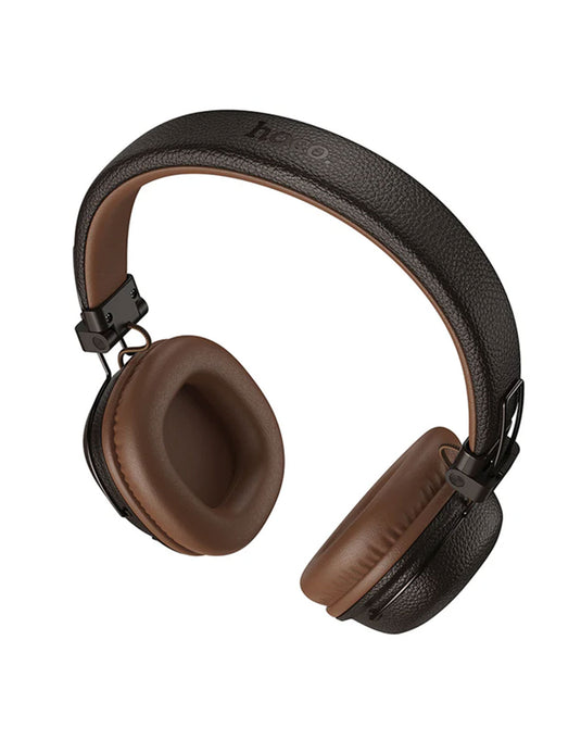Hoco Leather Bluetooth Headset w/ 32 Hours, Air Soft Earmuff, Aux Input, Foldable Design (W64) - Brown (Brand New)