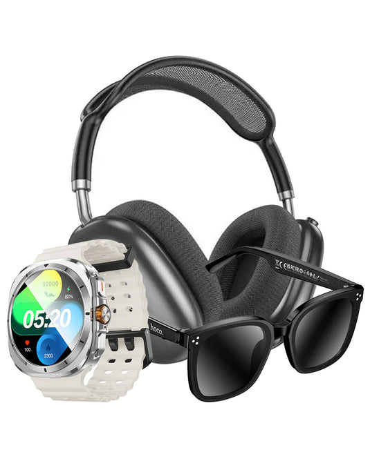 Hoco Premium Bluetooth Headset (W55 Plus) - Black (Brand New) + Hoco Wireless Audio Sunglasses (DI87) + Smart Sports Watch (Y29) (Bundle Deal)