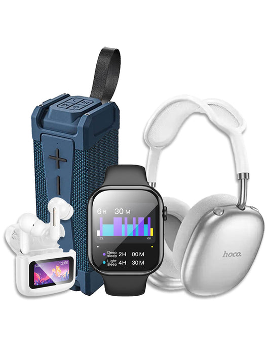 Hoco Smart Watch With Calling Feature (Y30) + TWS Earbud (EQ14) + Headset (W55 Plus) + Portable Bluetooth Speaker (HC6) (Bundle Deal)