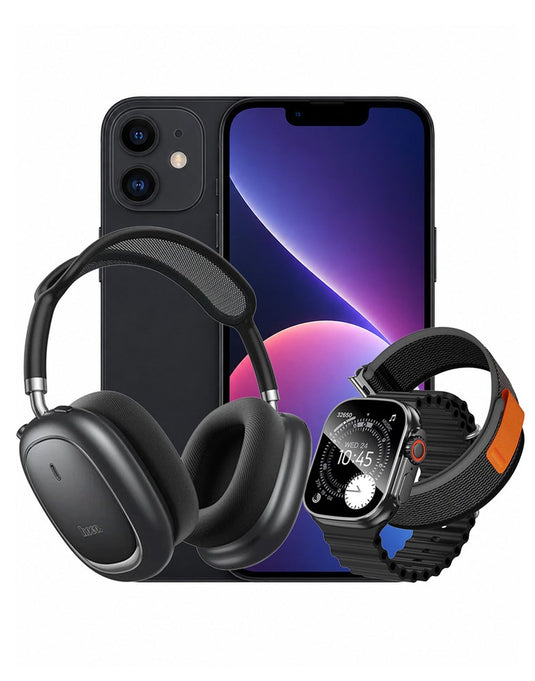 Apple iPhone 11 64GB 4G - Black (Very Good-Refurbished) + Smart Watch (Y42 Ultra) 2 Straps + Bluetooth Headset (W68) (Bundle Deal)