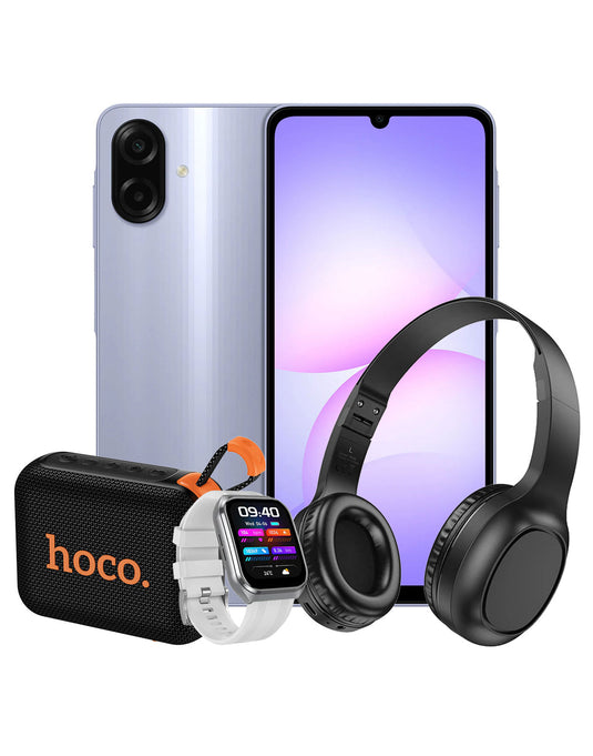 Samsung Galaxy A07 (2025) 4GB 64GB 4G Dual Sim - Light Violet (Brand New) + Bluetooth Speaker (HC31) + Smart Watch Y44 + Bluetooth Headset W46 (Bundle Deal)