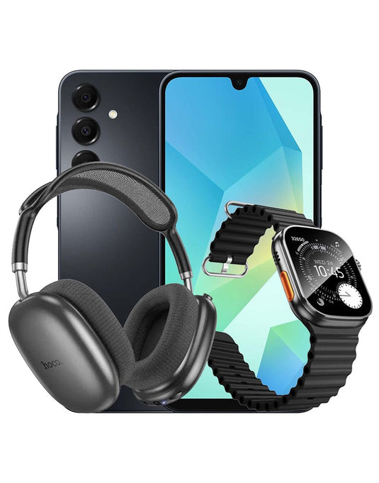 Samsung Galaxy A16 (2024) 4GB 128GB 4G Dual Sim Smartphone - Black (Brand New) + Bluetooth Headset W55 Plus + Smart Watch (Y42 Ultra) (Bundle Deal)