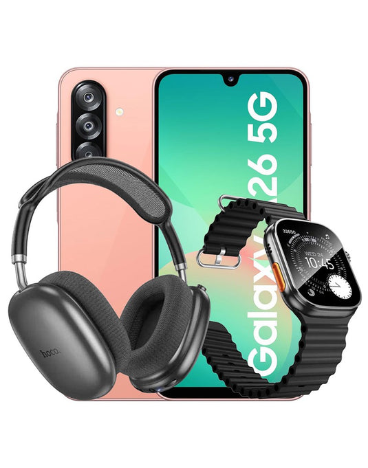 Samsung Galaxy A26 (2025) 8GB 256GB 5G Dual Sim Smart Phone - Peach Pink (Brand New) + Bluetooth Headset W55 Plus + Smart Watch (Y42 Ultra) (Bundle Deal)